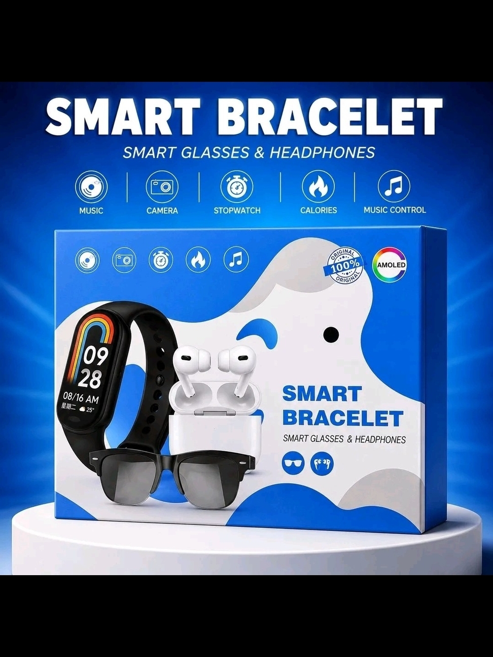 Smart Bracelet Fitness Tracker with Earbuds and Sunglasses - Black